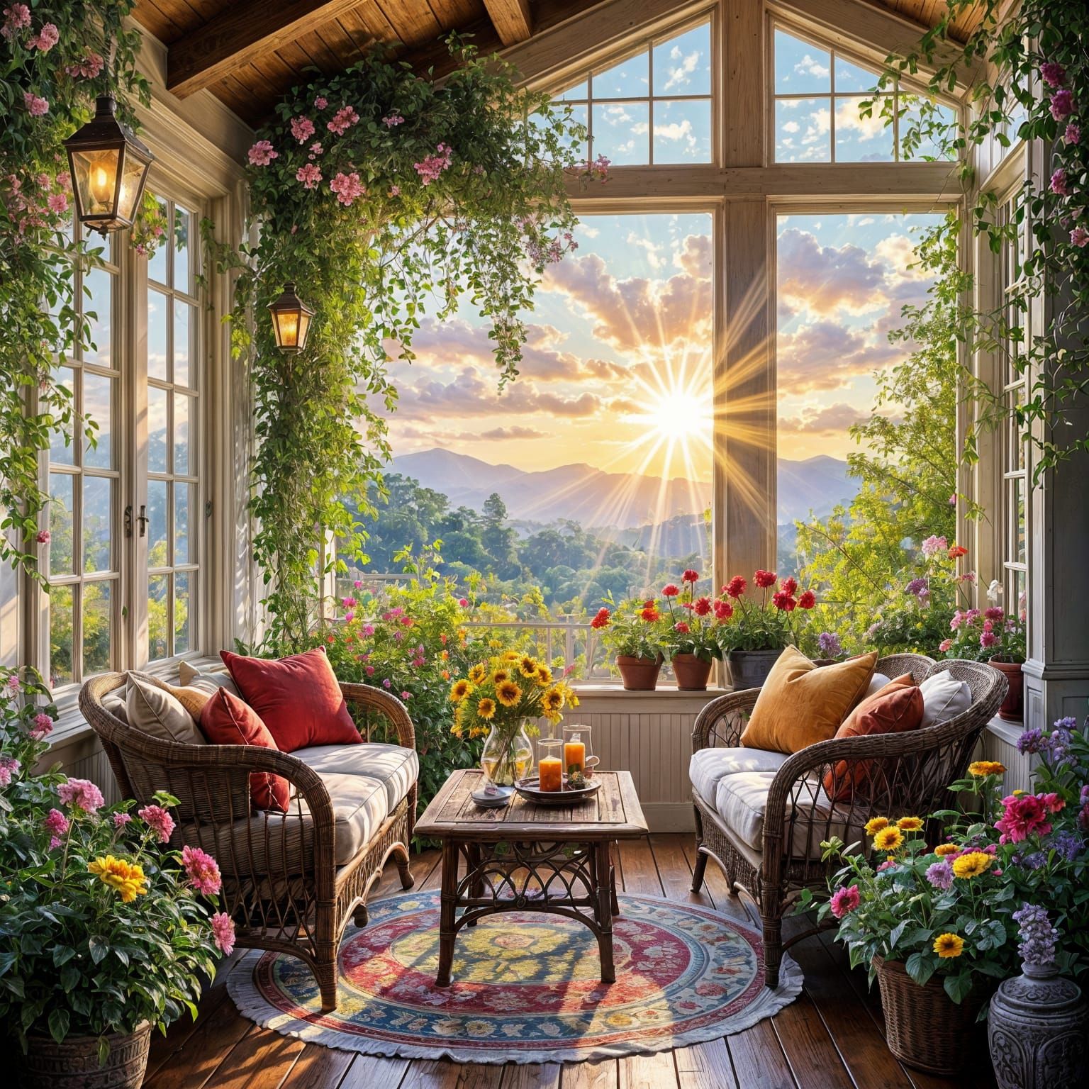 Cozy Cottage Sunroom with Intricate Garden