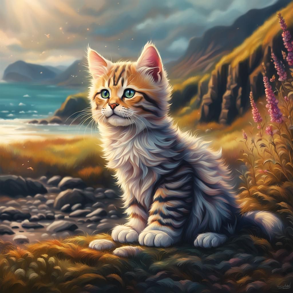 Hyperrealistic King Kitten on Scottish Shore