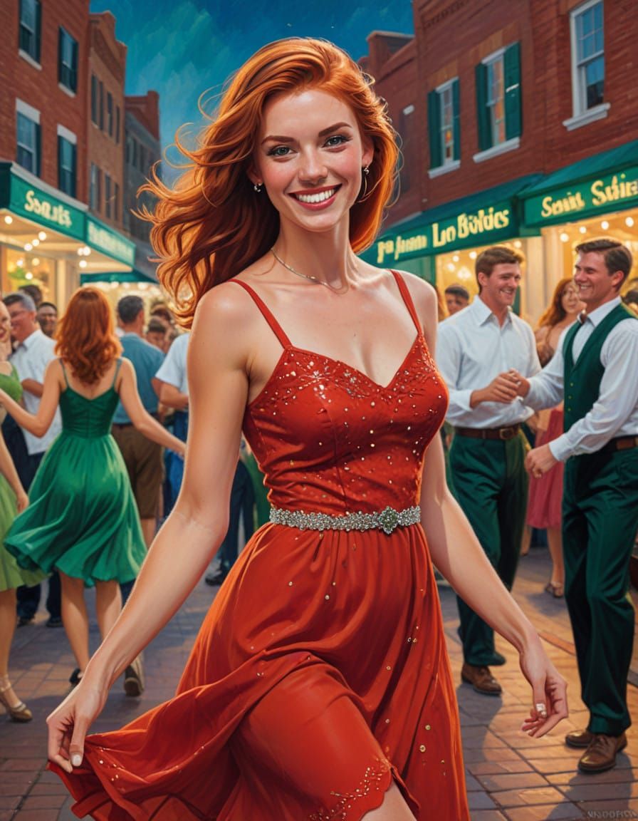 A Young Woman Dances in a Small Town, in Oil Painting Style