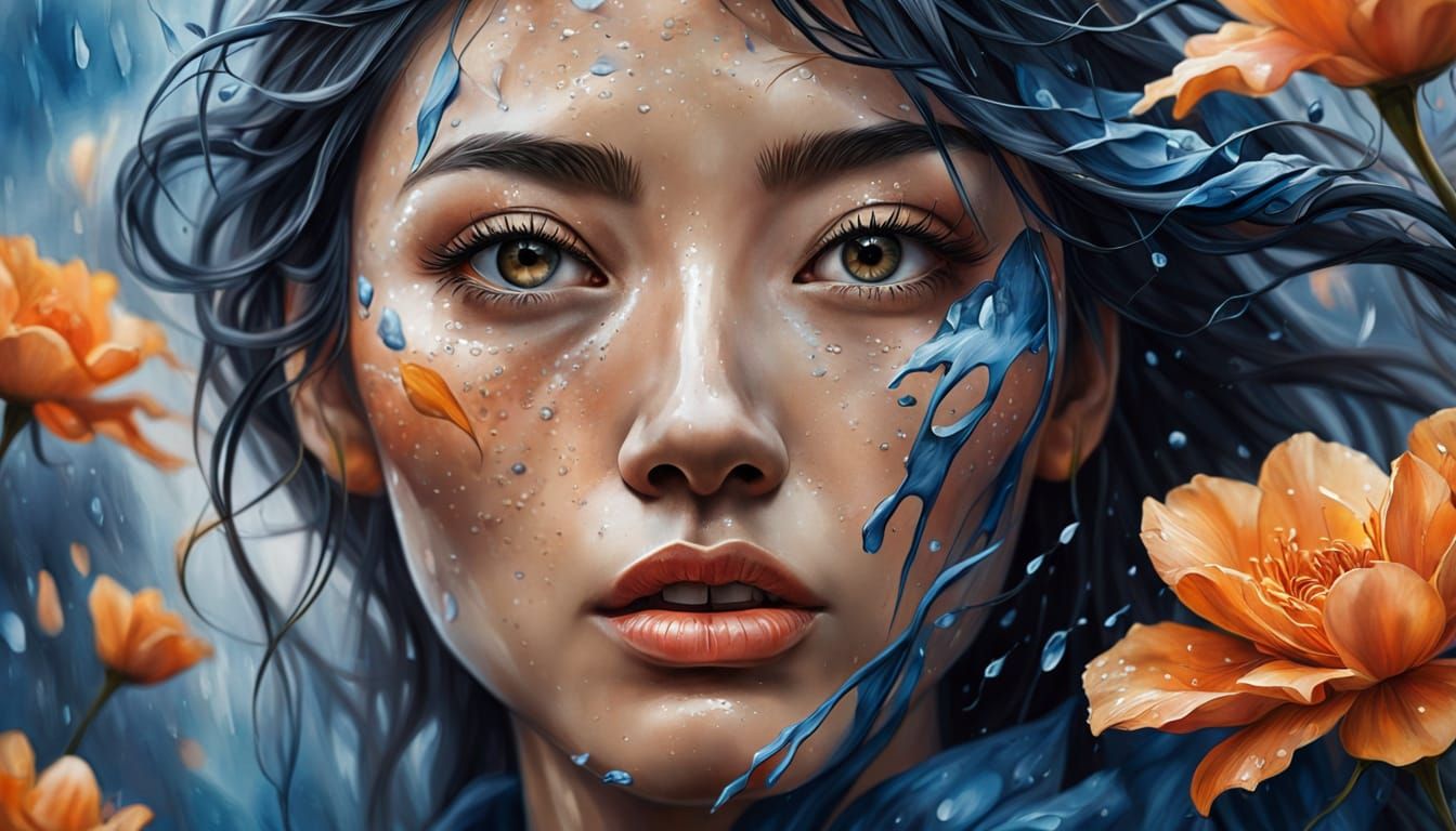 Asian Woman in Blooming Watercolor Storm