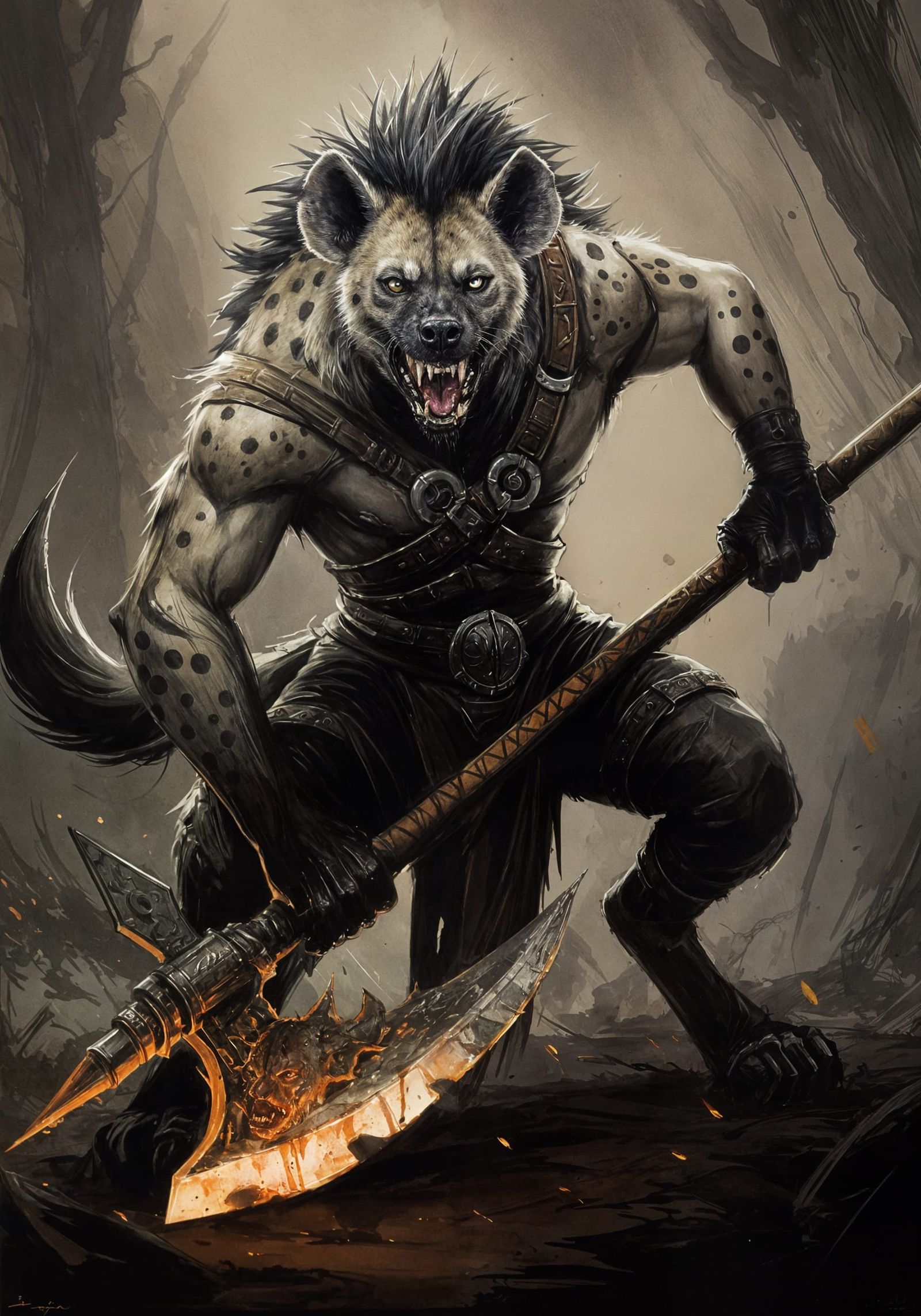 Fierce Hyena-Like Creature Wields Halberd in Ink Drawing