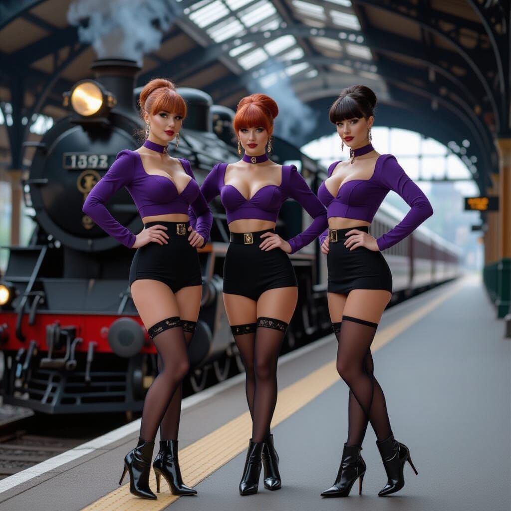 Elegant Ladies Posing with Futuristic Train