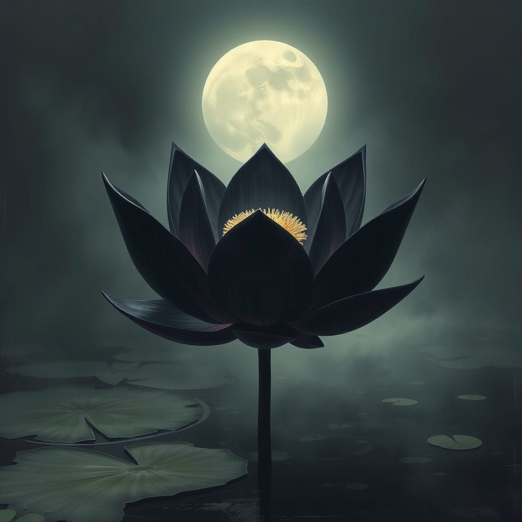 Elegant Black Lotus Blooms in Futuristic Dreamscape