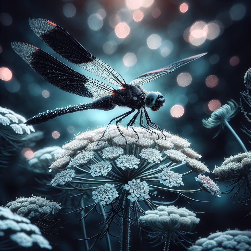 Black Darter Dragonfly on Yarrow Flower: Hyperrealistic HDR