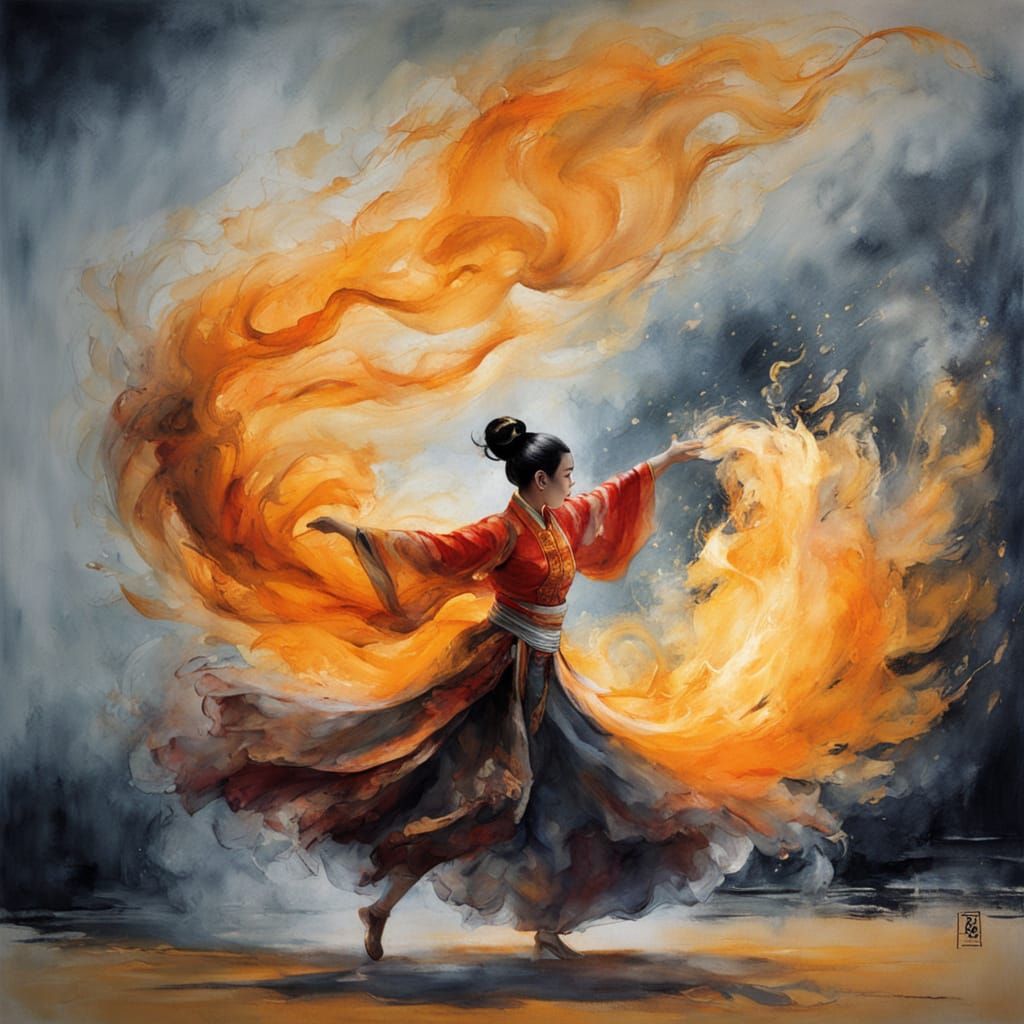 Dancer in Chinese Ink Painting with Fire Skirt