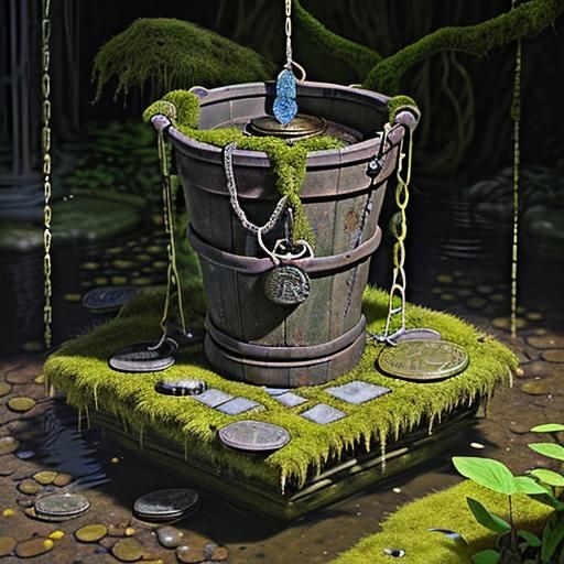 Wishing Well:
Constructed from moss-covered stone with intri...