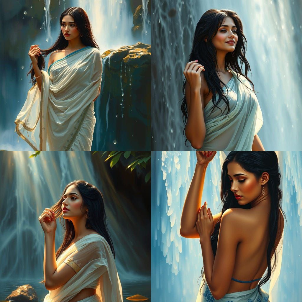 Stunning Oil Painting of Indian Woman in Blissful Moment at....