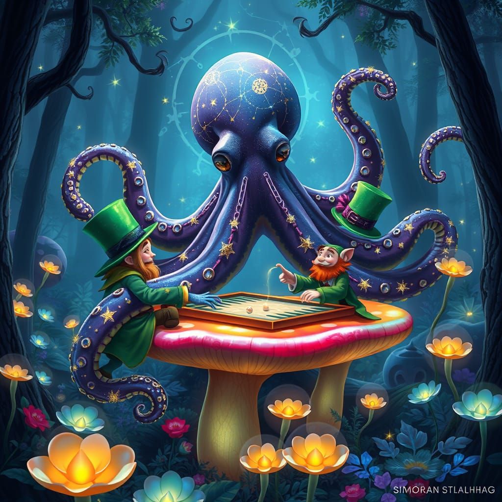 Celestial Octopus Backgammon in Bioluminescent Forest