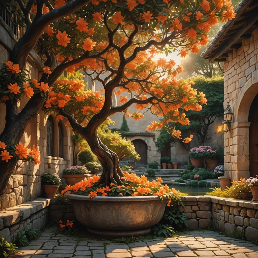 Orange Azalea Tree in Swiss Courtyard Painting