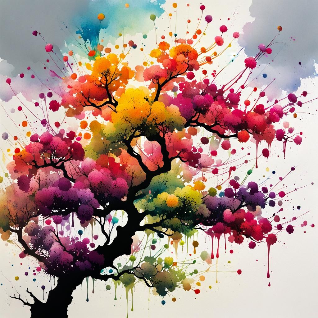 Mayflower Tree Branch in Ink Splatter Style