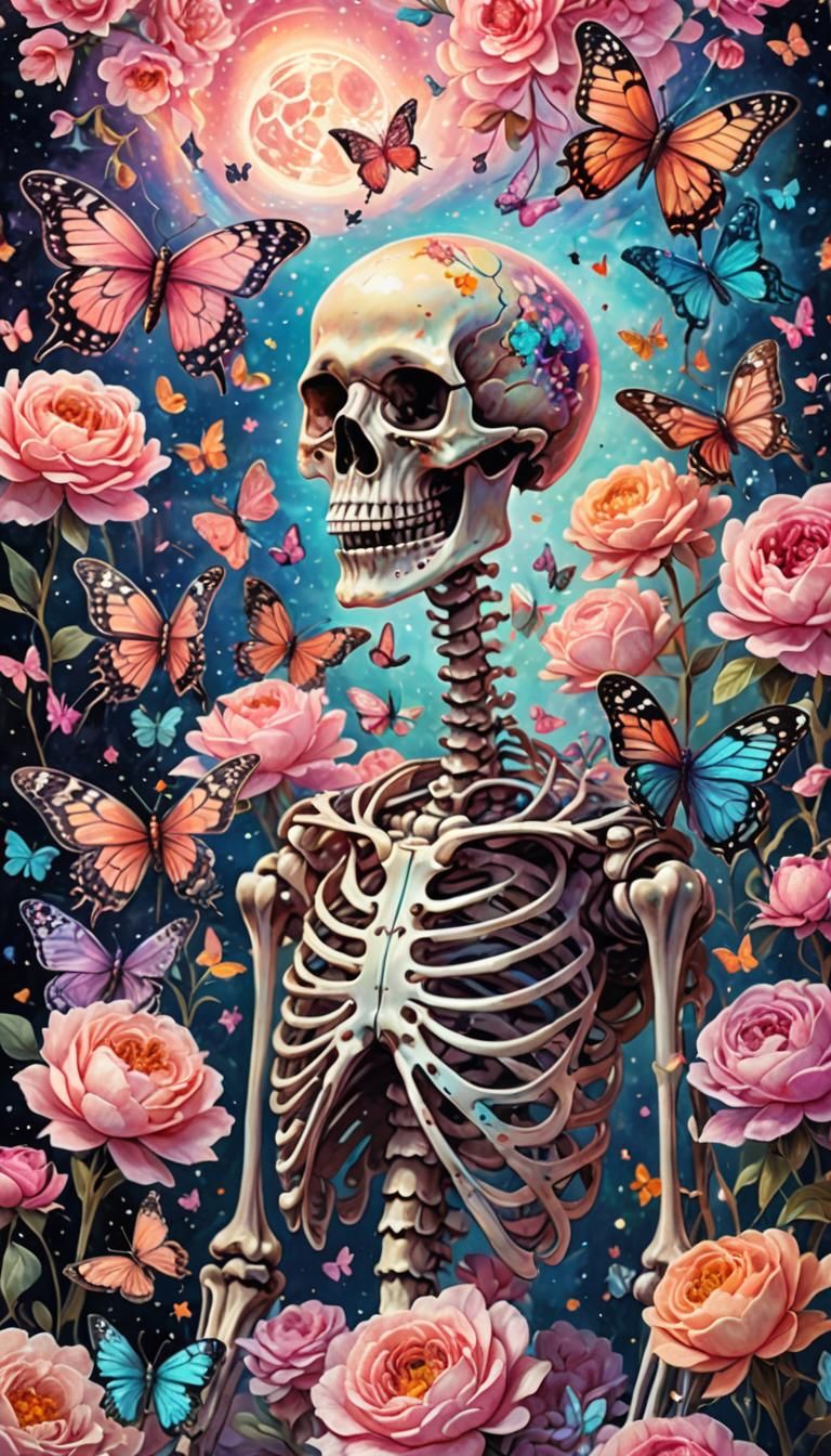 Surreal Astral Skeleton Surrounded by Roses and Butterflies