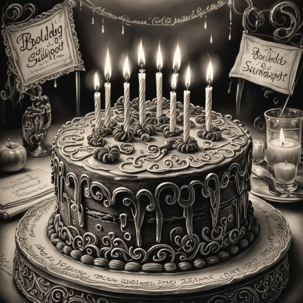 Ornate Birthday Cake in Charcoal Drawing Style
