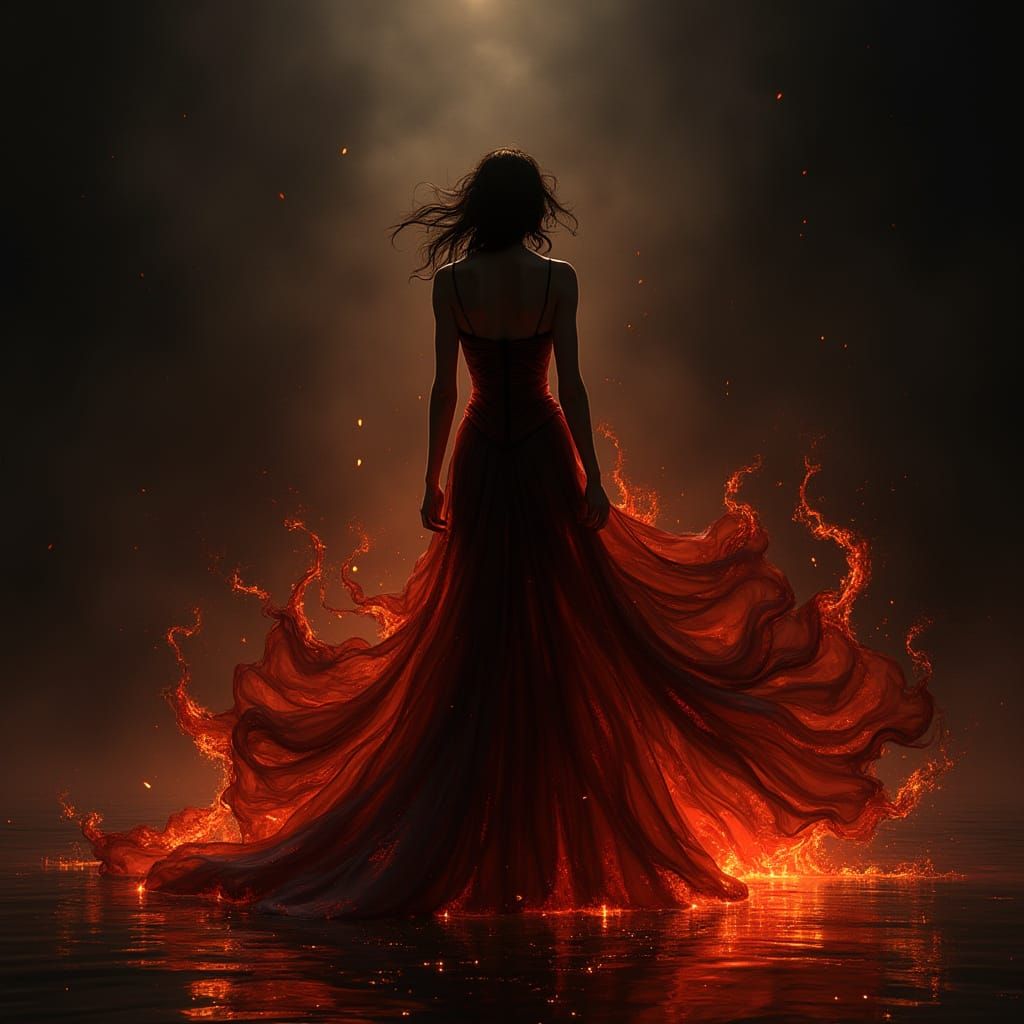 Elegant Woman Silhouette in Fiery Phoenix Dress