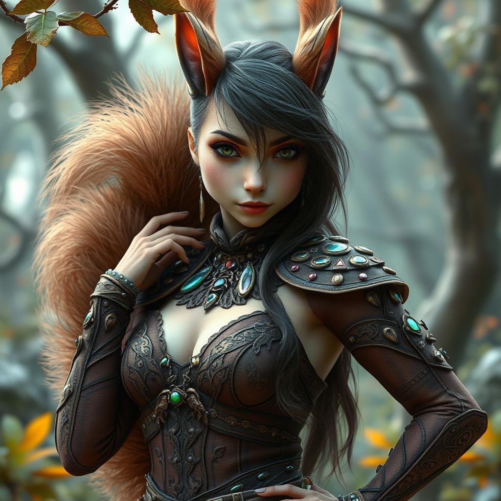 Squirrel-like Alien Woman in Mythological Forest