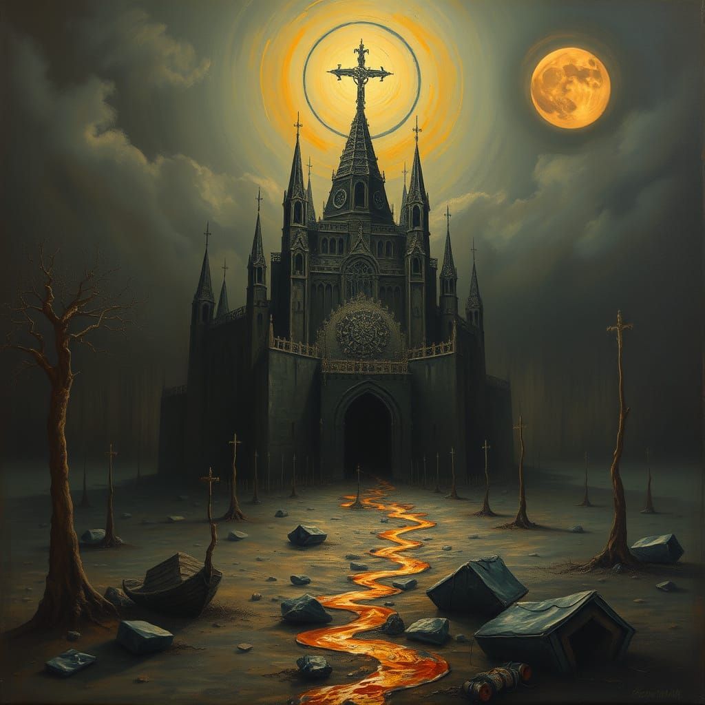 Surreal Nightmare Christmas in Crypt as Melting Oil Painting