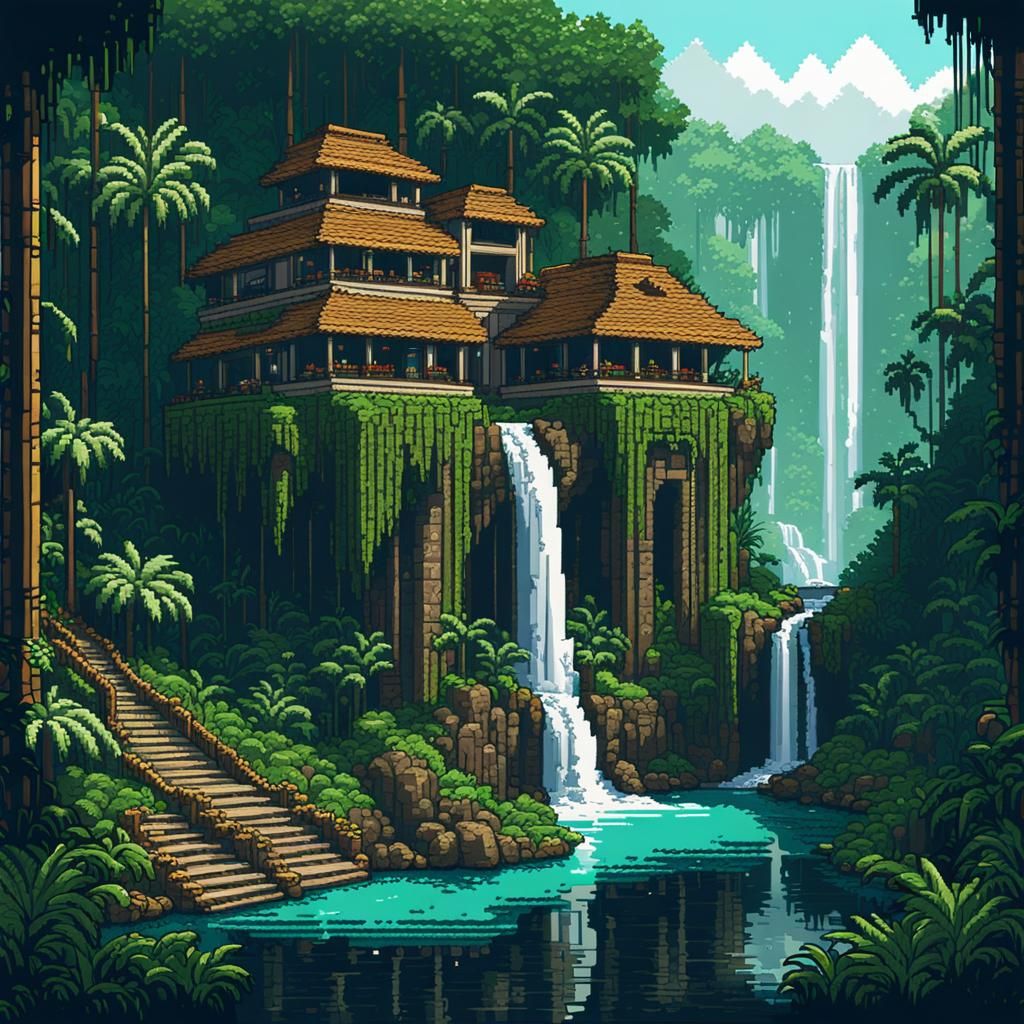 Luxurious Jungle Hotel Waterfall in Pixel Art