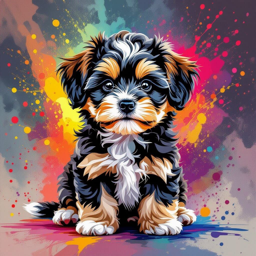 Hyperrealistic Maltipoo Puppy with Vibrant Paint Splash
