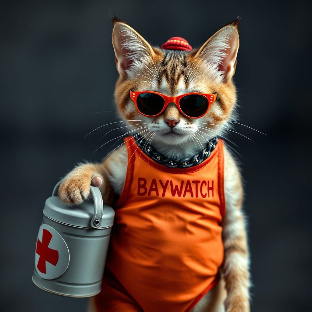 Cat Lifeguard in Baywatch Costume for Halloween