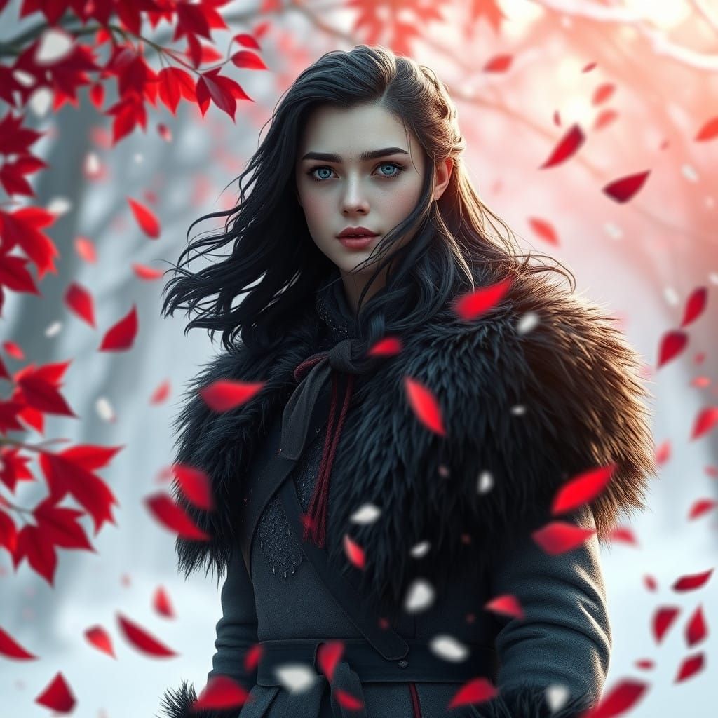 Mysterious Grey-Eyed Winter Warrior in Crimson Snowfall