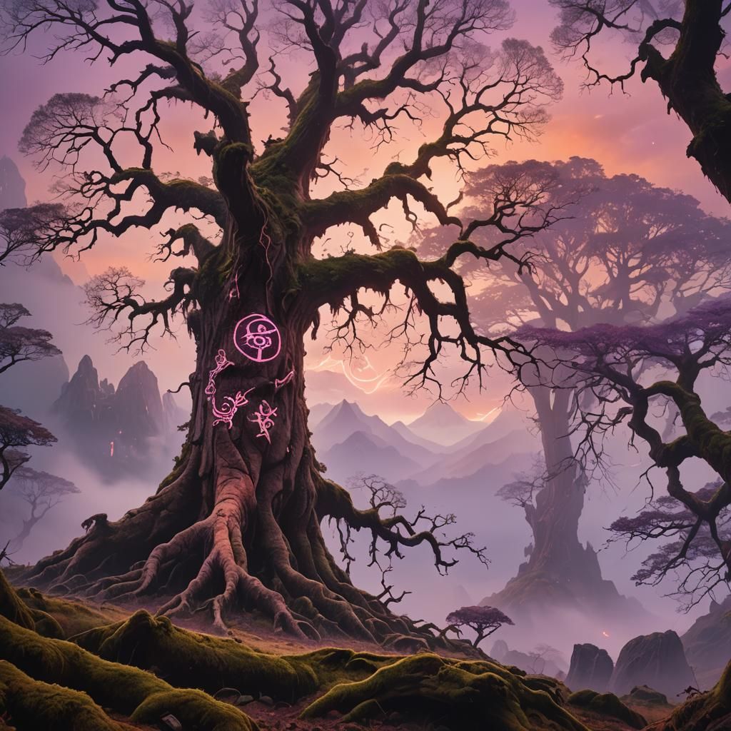 Mystical Tree with Glowing Runes in Fantasy Landscape