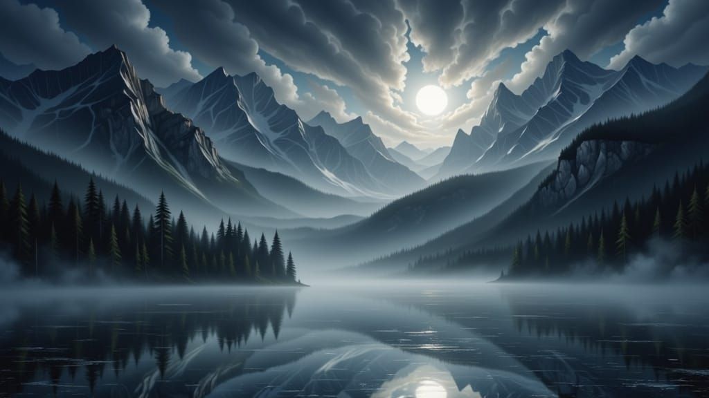 Foggy Lake at Night in Ethereal Oil Painting Style