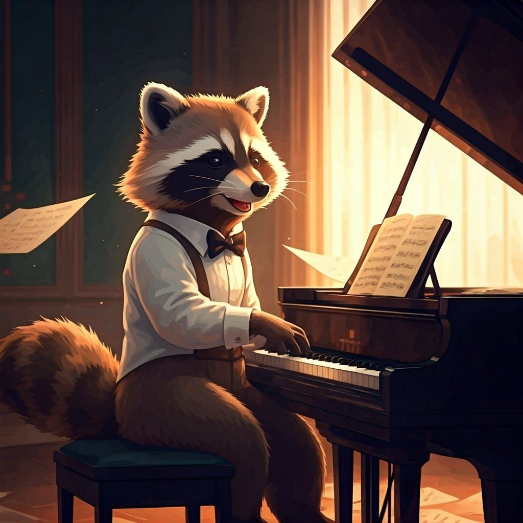 Raccoon Plays Piano in Studio Trigger Manga Style