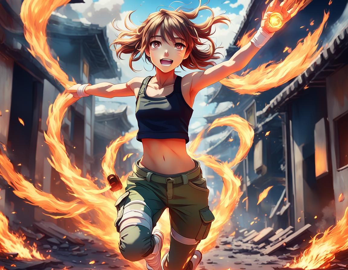Anime Waifu Leaping Through Fire in Cel-Shaded Style