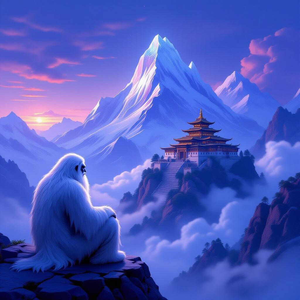 Yeti Contemplates Monastery on Crystal Mountain