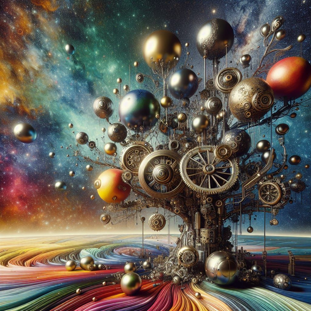 Steampunk Metal Fruit Tree in Deep Space