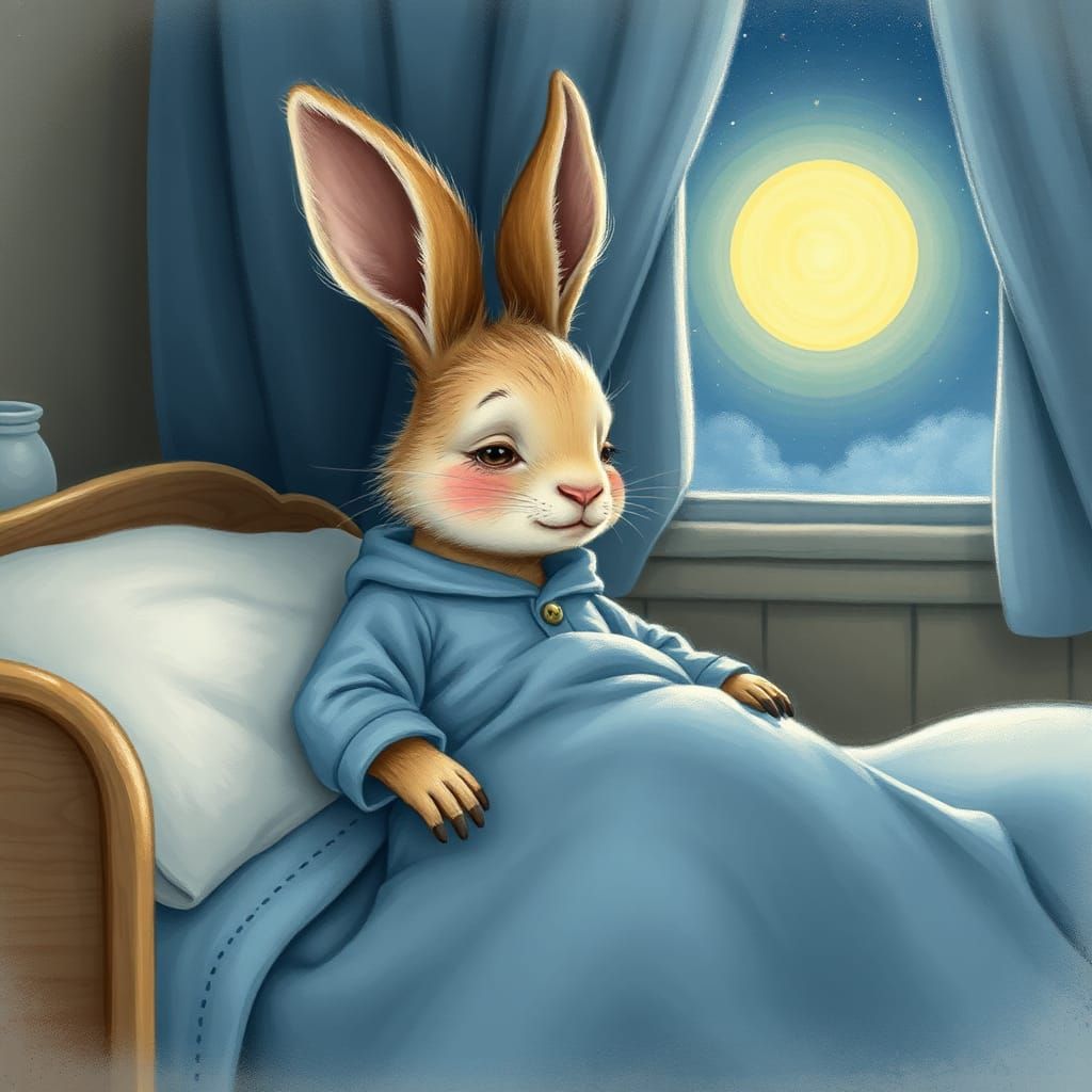 Sad Bunny in Bedroom, Fairytale Illustration