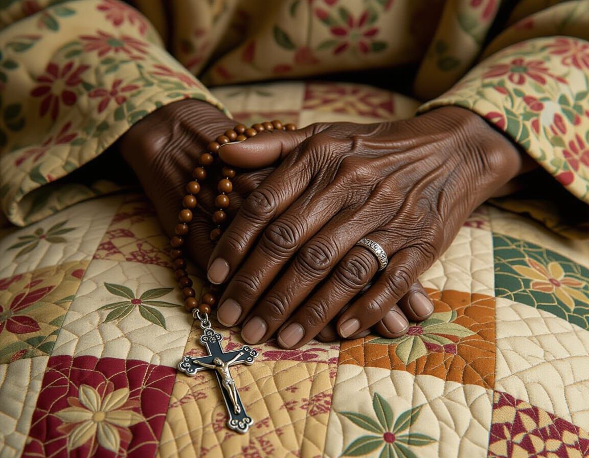 Aging Hands with Rosary on Quilt, Photorealistic
