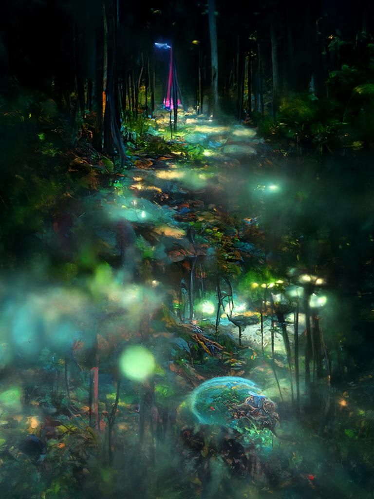 Bioluminescent Forest Path at Night