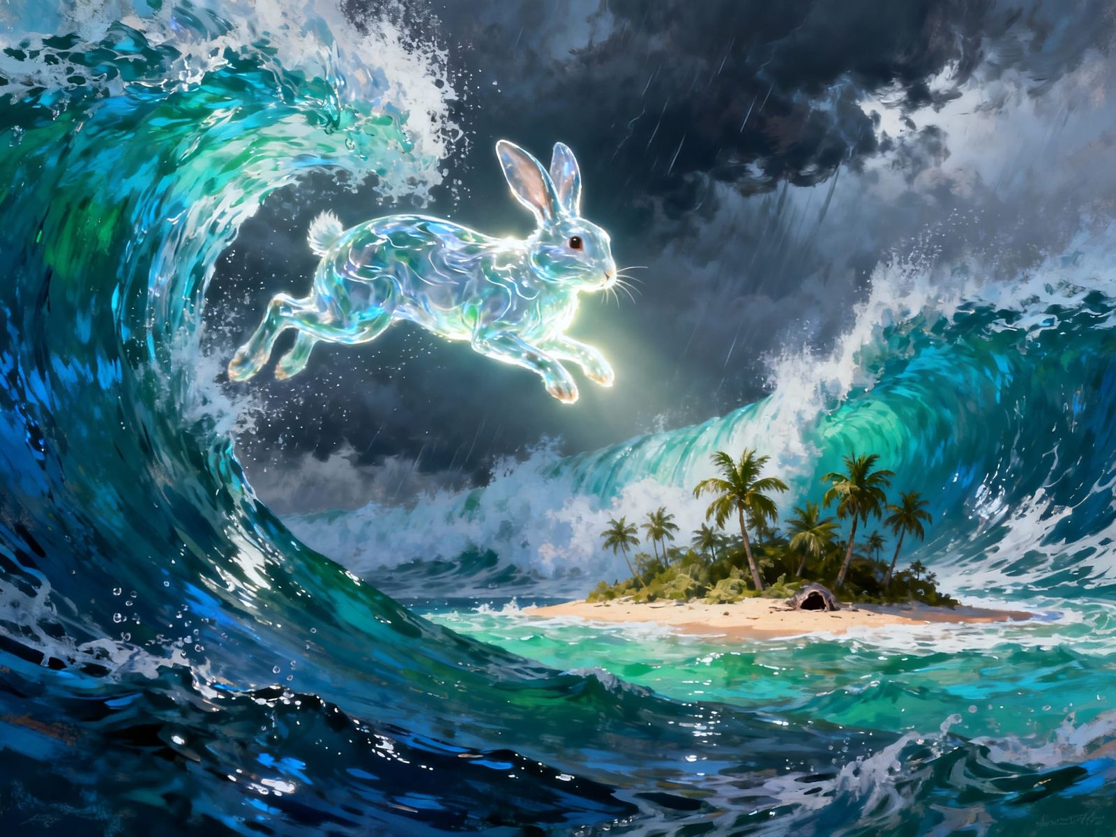 Water Rabbit Surfing Tsunami Waves Towards Island