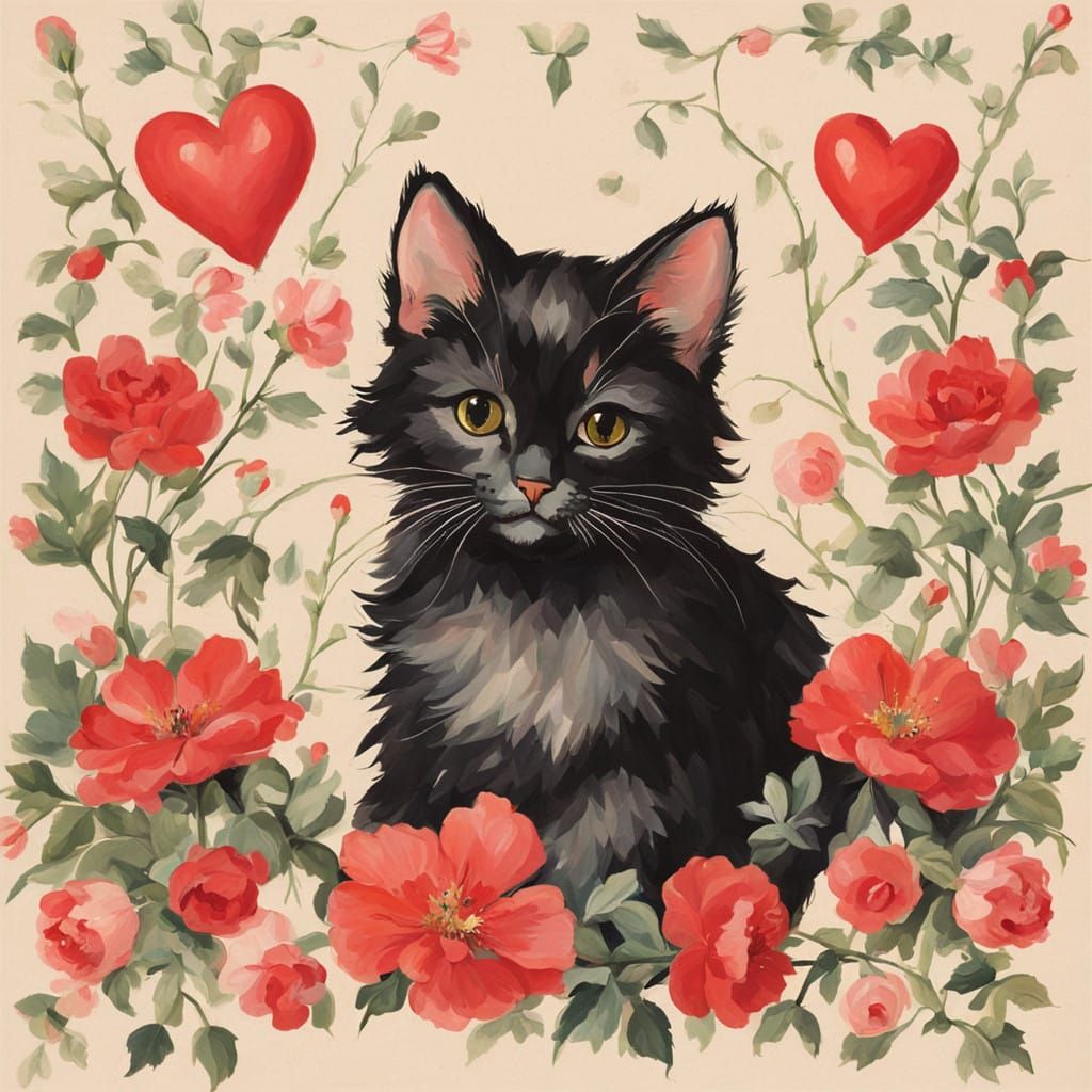 Whimsical Dutch Genre Painting of a Cute Cat in a Floral Set...
