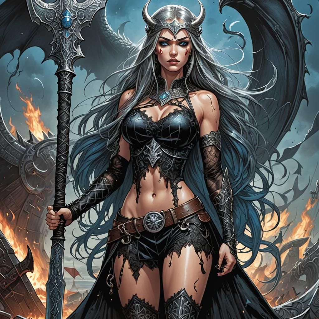 Viking Queen with Dragon Axe, Comic Book Art