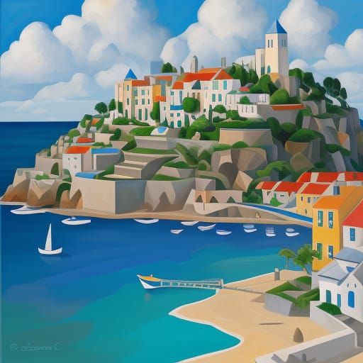 Cubist Seaside Village Oil Painting with Vibrant Mediterrane...