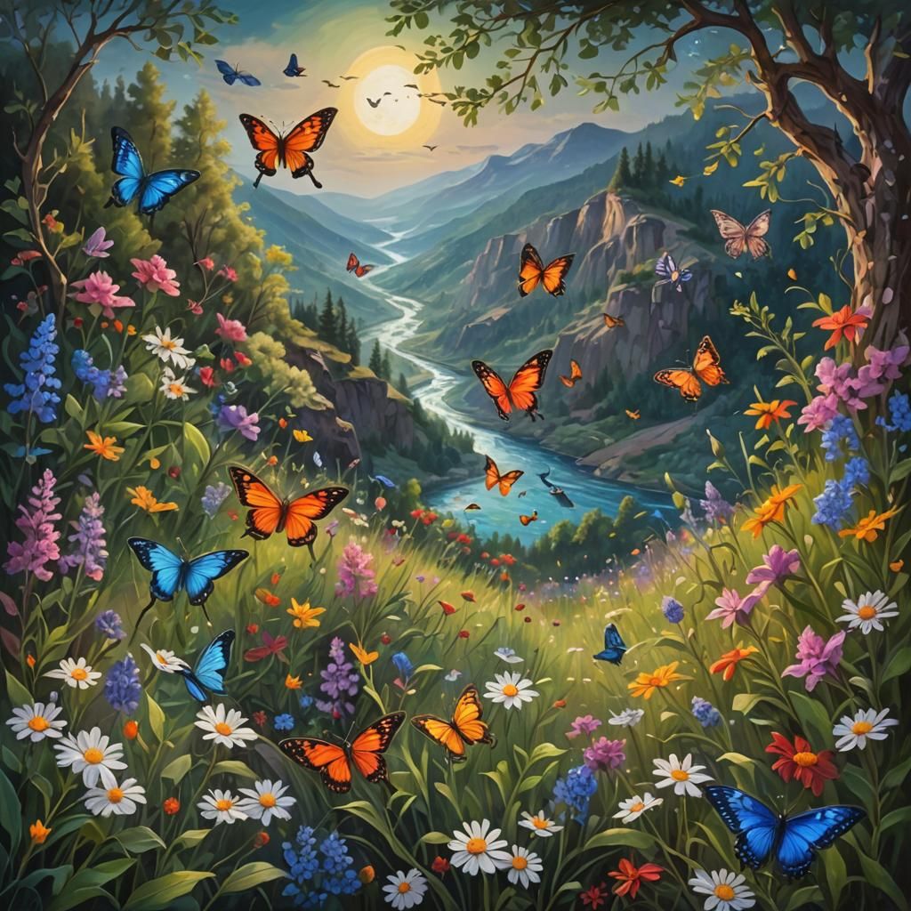 Lush Wildflower Mountain River Landscape as Oil Painting