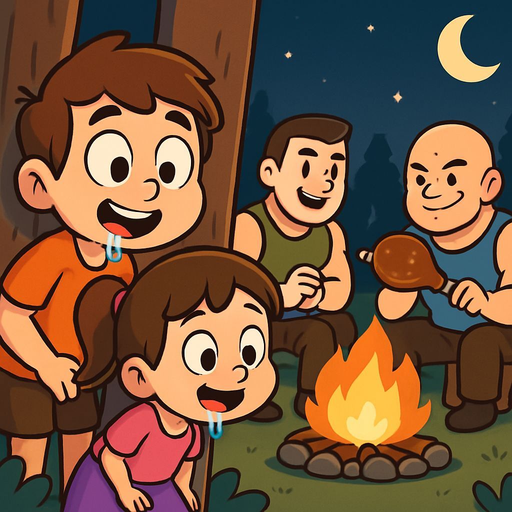 Cartoon Boy and Girl Sneak Glances at Roasting Meat