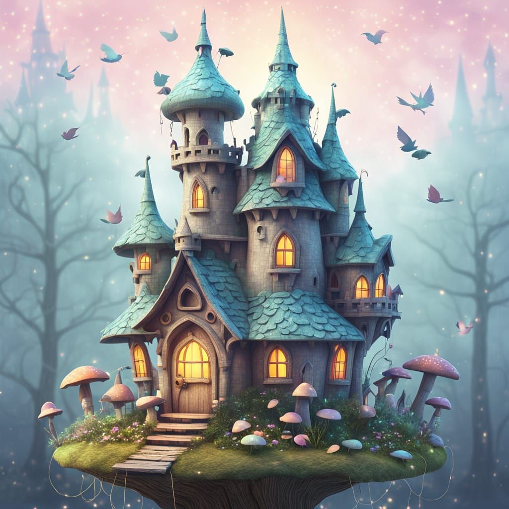 Whimsical Castle Birdhouse on Mushroom