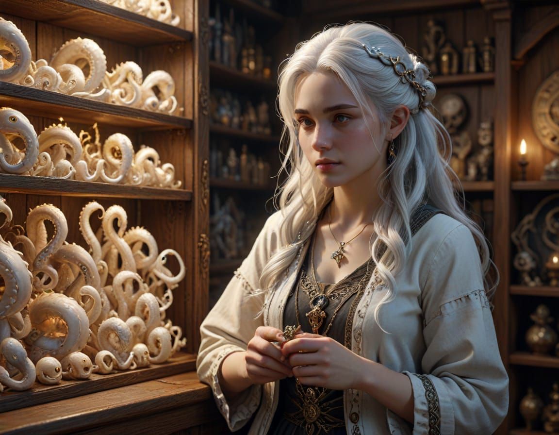 Fantasy Woman with Tentacled Creature in Auction House