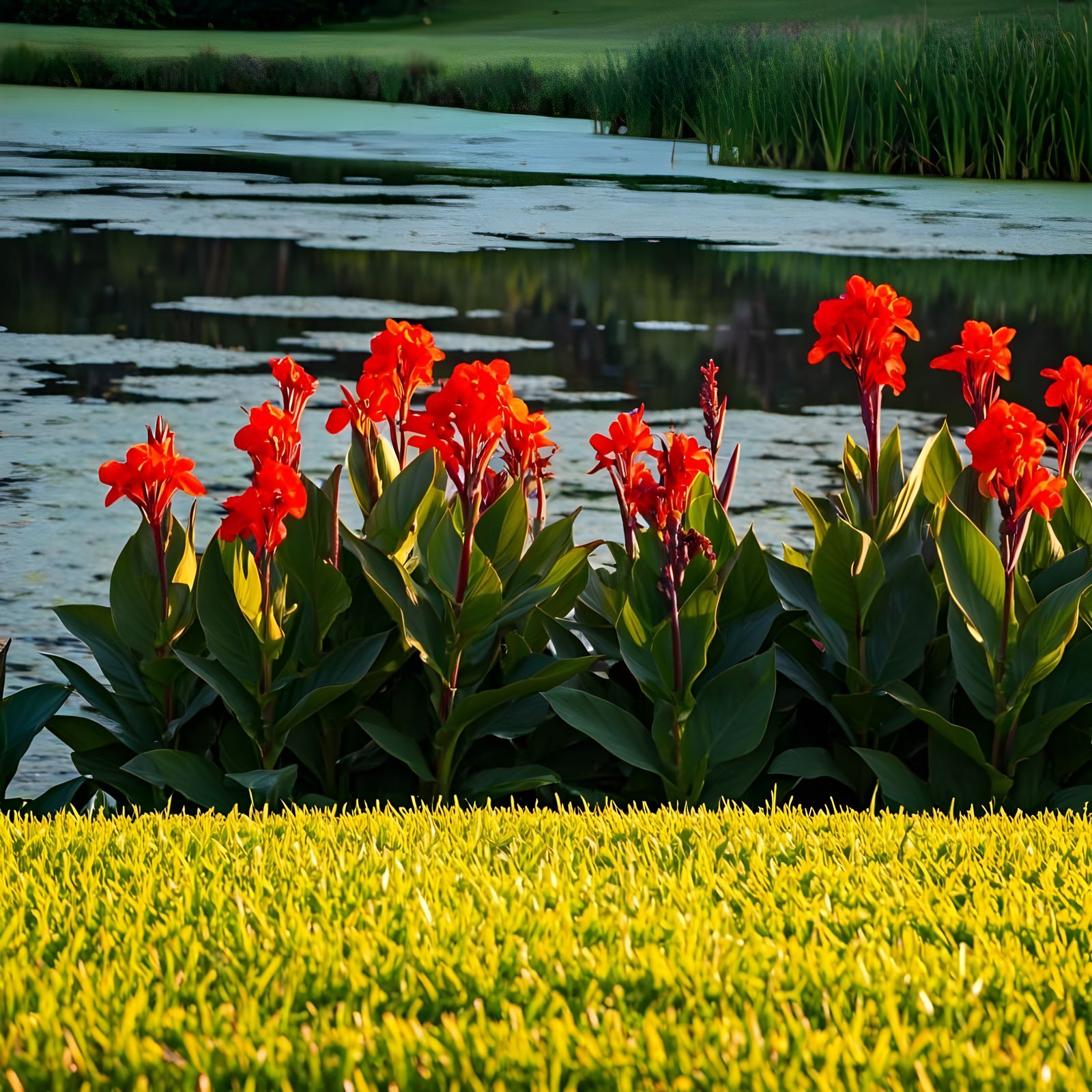 Vibrant Red Canna Indica Flowers in a Serene Pond Landscape