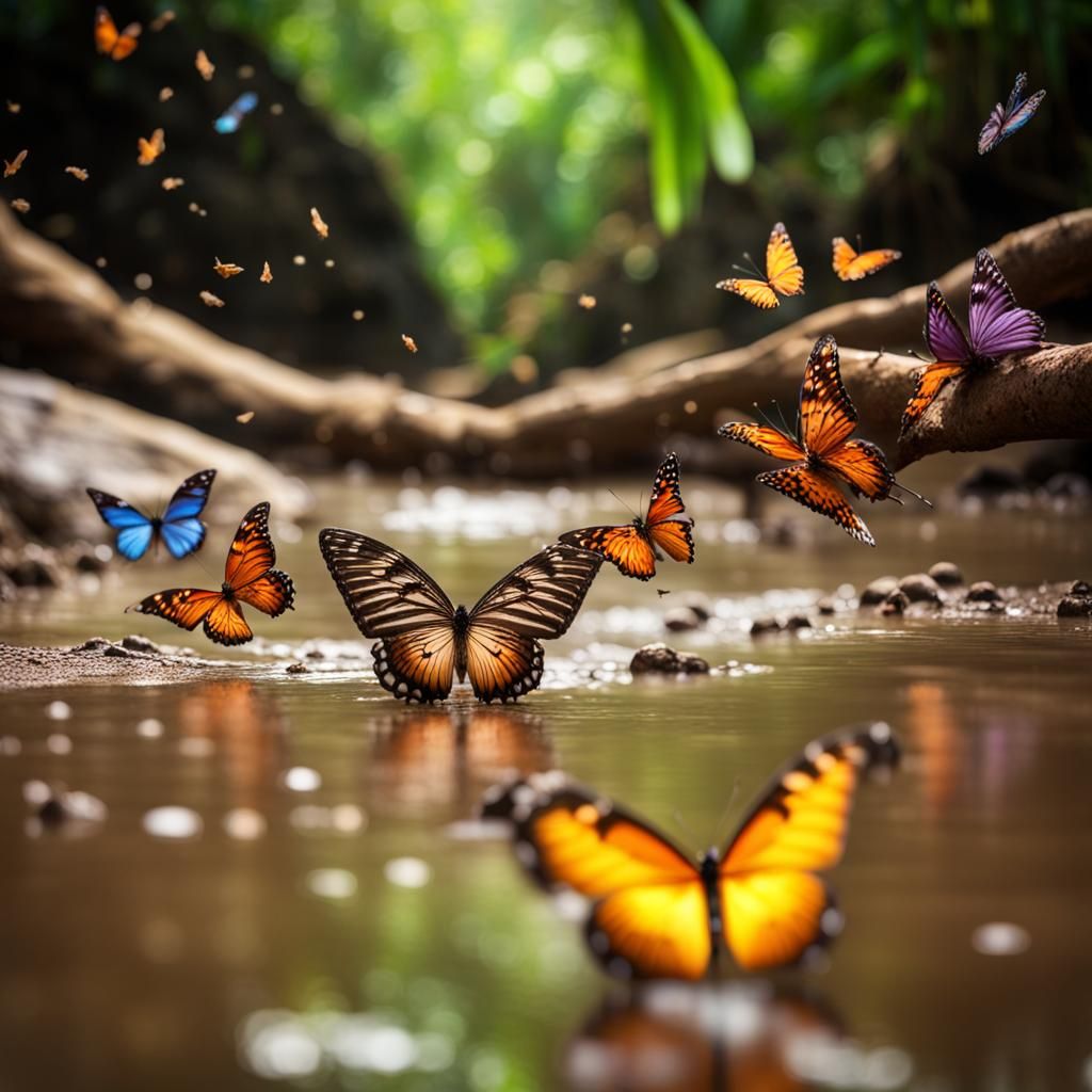 Tropical jungle river with butterflies