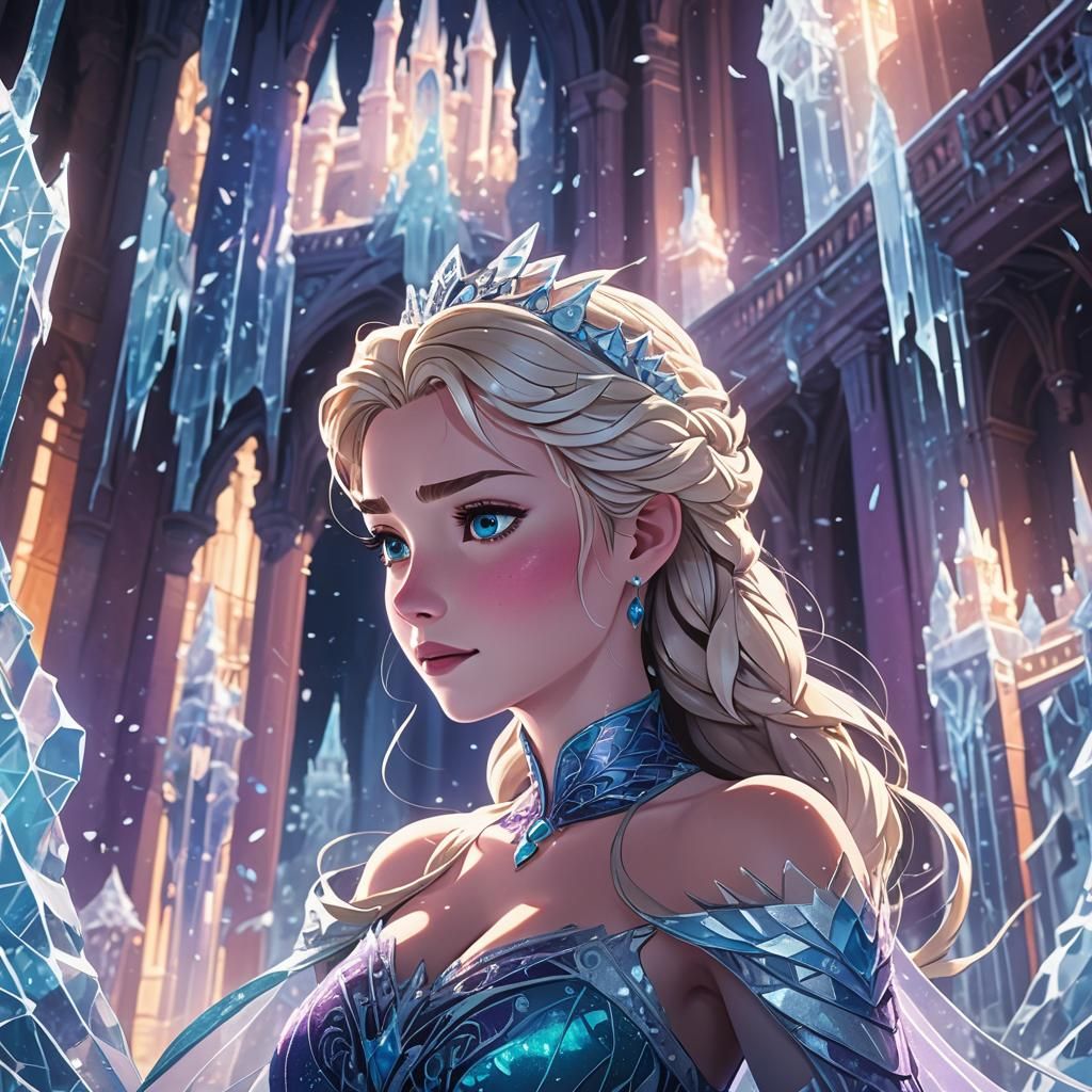 Elsa in Ice Palace: Anime-Style Digital Art