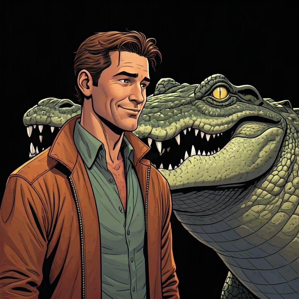 A man smiles cautiously at a crocodile with large sharp teet...