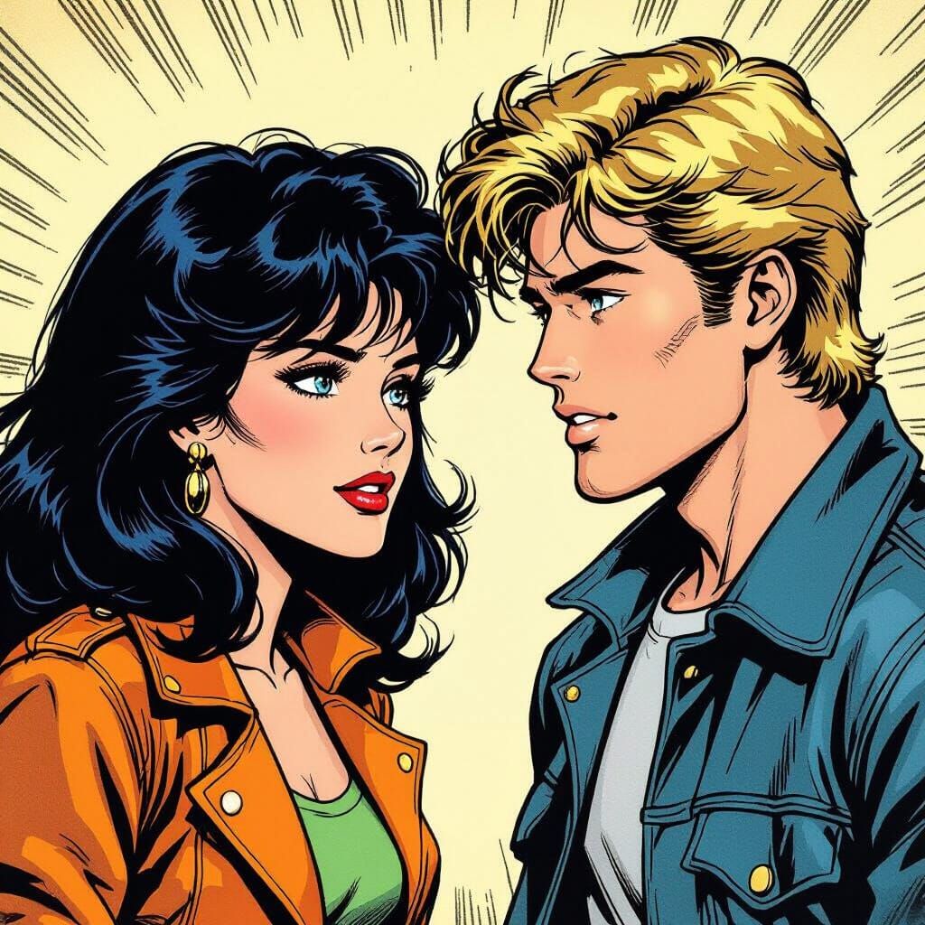 80s Comic Panel: Dark Haired Woman and Light Haired Man