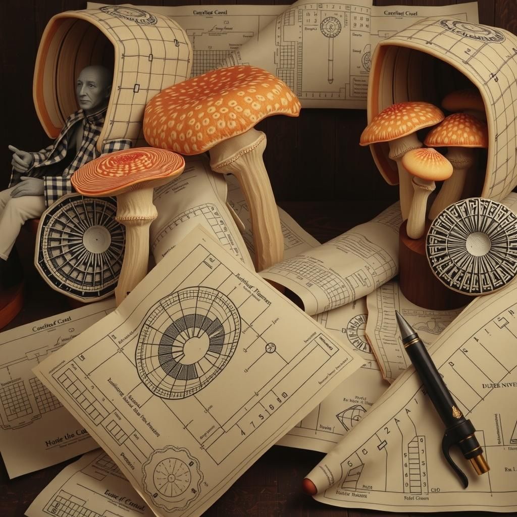 Porcelain Bureaucrats Counting Mushrooms in Ethereal Forest