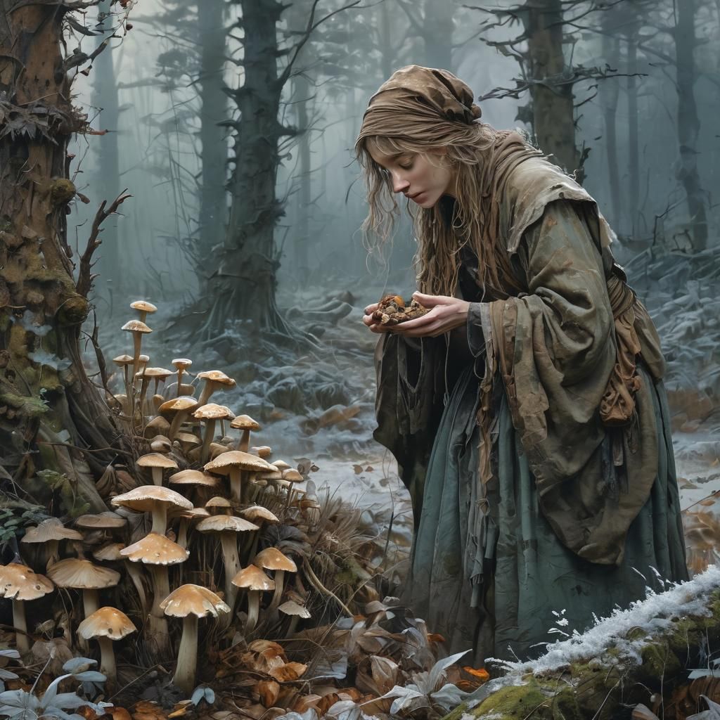 Herb Woman Gathering Mushrooms in Enchanted Forest