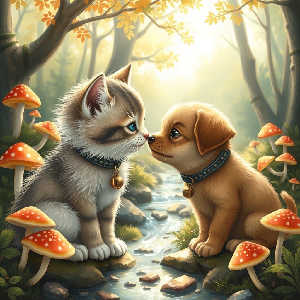 Kitten and Puppy Nose Touch in Whimsical Forest