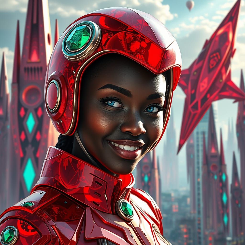 Futuristic Crystal City with Woman in Red Uniform