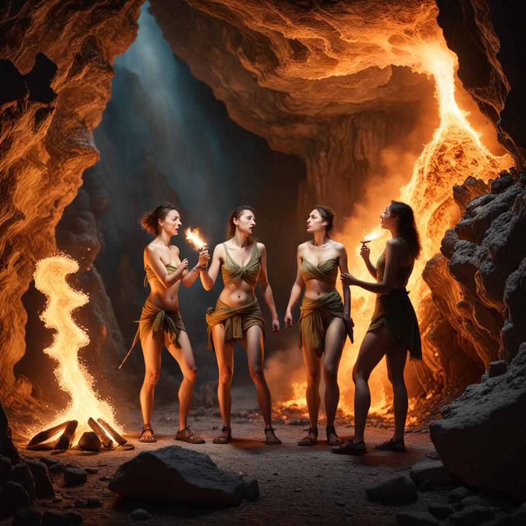 Prehistoric Women Discover Fire in Cave Painting